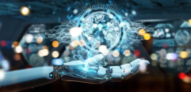 Dünya ağ hologram Amerika ABD harita 3d render ile kullanarak arka plan bulanık beyaz robot el