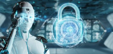 Arka plan bulanık 3d render robot tarafından kullanılan web güvenlik koruma arayüzü