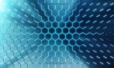 Gümüş metal yüzeyinde parlayan siyah ve mavi soyut altıgenler.