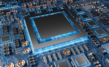 Devre, renkli ışıklar ve 3D görüntüleme ile modern bir GPU kartının yakın görüntüsü