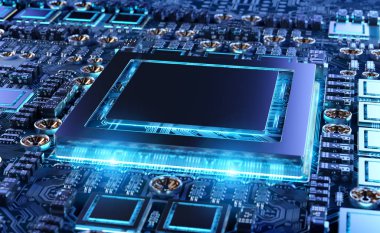 Devre, renkli ışıklar ve 3D görüntüleme ile modern bir GPU kartının yakın görüntüsü