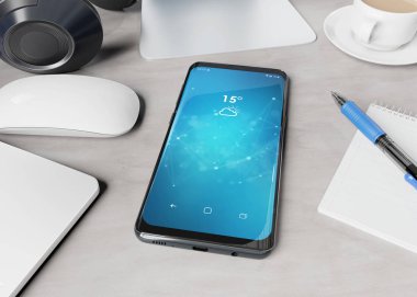 Modern smartphone beton masaüstü mockup 3d render döşeme