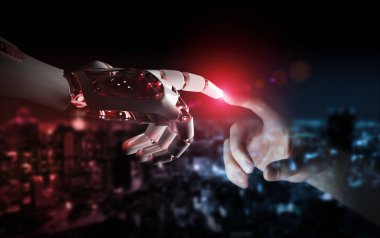 Kırmızı robot el temas koyu arka plan 3d render üzerinde insan eli ile