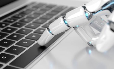 Bir dizüstü bilgisayar 3d render bir klavye tuşuna basarak robot cyborg el Beyaz