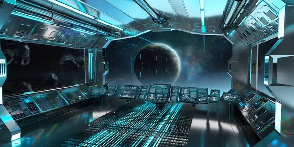 Blue Spaceship Interior Control Panel Station Rendering — Stock Photo, Image