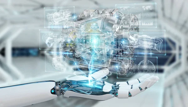 Cyborg Niewyraźne Tło Pomocą Holograficzny Model Szkieletowy Projekcji Cyfrowej Silnika — Zdjęcie stockowe