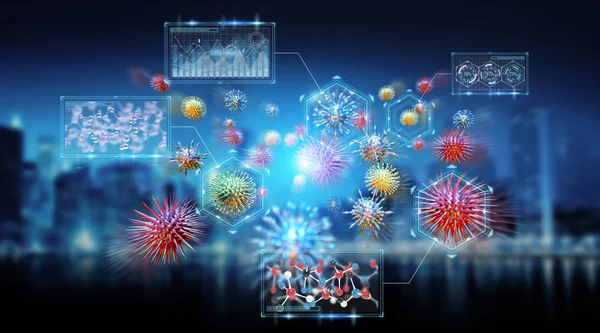 Batteri Microscopico Primo Piano Sfondo Blu Città Rendering — Foto Stock