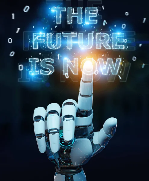 stock image White cyborg hand on blurred background using future decision text interface 3D rendering