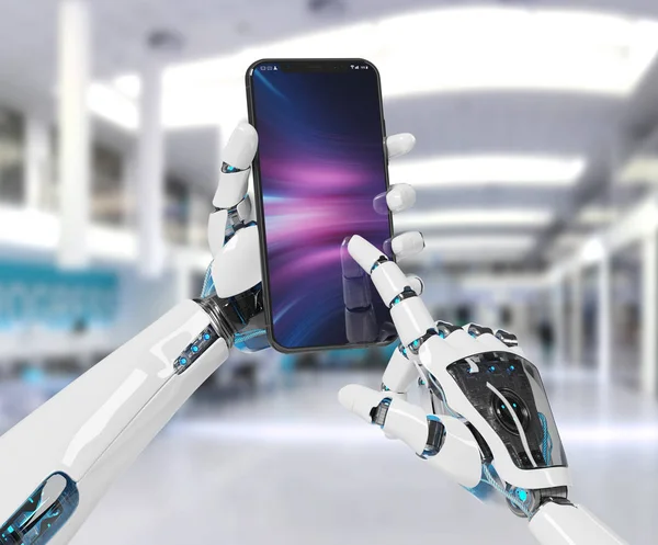 White robot hand holding modern smartphone mockup on office background 3d rendering