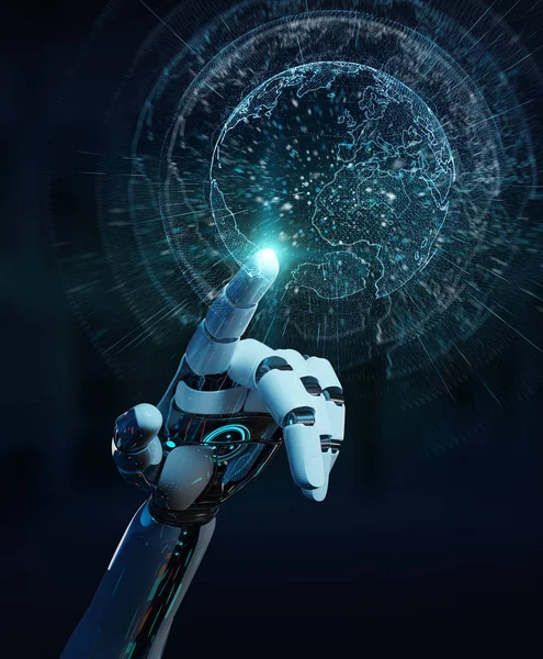 Beyaz cyborg el planet Earth arabirimi 3d rendering kullanarak arka plan bulanık üzerinde