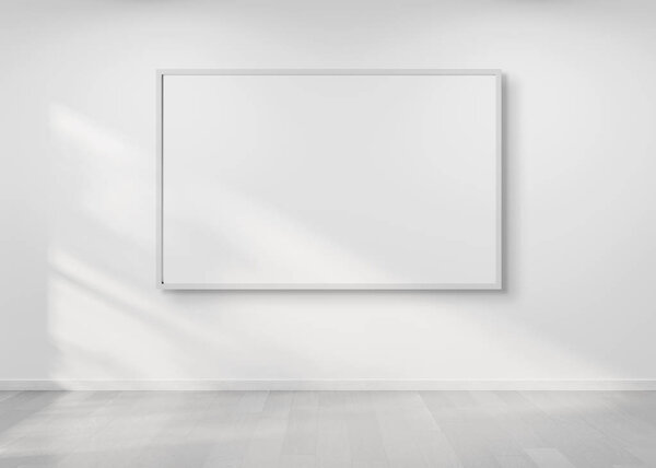White frame hanging on a white wall mockup 3d rendering