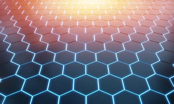 Glowing black blue and orange hexagons background pattern on silver metal surface 3D rendering