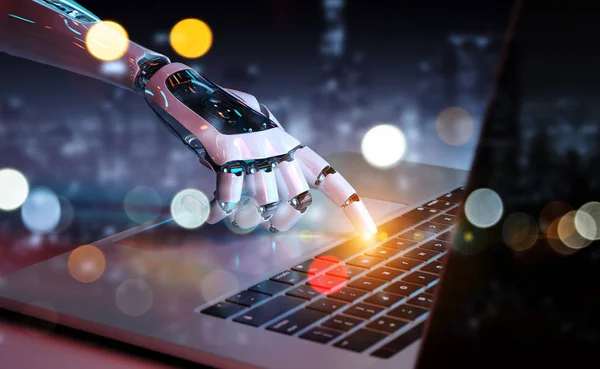 Robotic Cyborg Hand Drukken Van Een Toetsenbord Een Laptop Rendering — Stockfoto