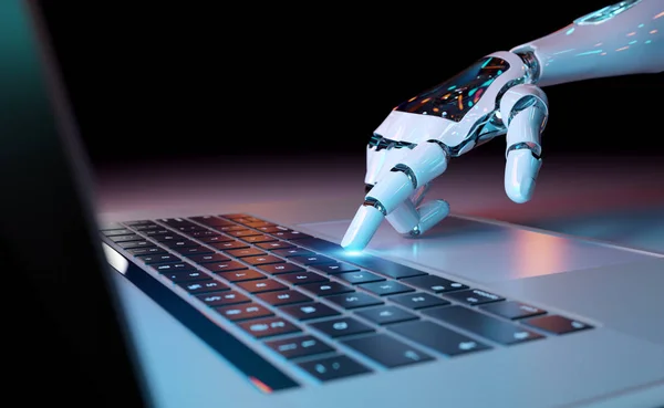 Robotic Cyborg Hand Pressing Keyboard Laptop Rendering — Stock Photo, Image