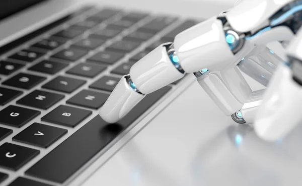 Robot Blanco Cyborg Mano Presionando Teclado Ordenador Portátil Renderizado — Foto de Stock