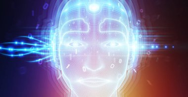 Yapay zeka kavramı 3B oluşturmayı temsil eden robot adam cyborg yüz