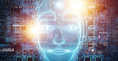 Yapay zeka kavramı 3B oluşturmayı temsil eden robot adam cyborg yüz