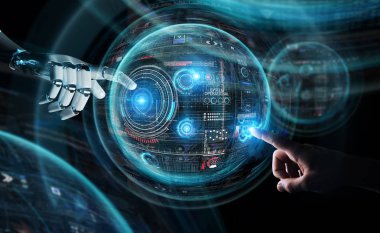 Robot ve insan el dijital küre koyu arka plan 3d render grafik arabirimde dokunmadan