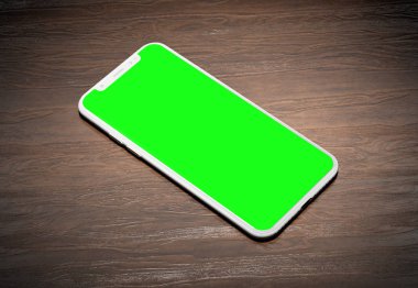 Ahşap arka plan 3d render üzerinde modern smartphone mockup beyaz