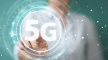 İşkadını 5 g ağ arabirimi 3d rendering kullanarak arka plan bulanık üzerinde
