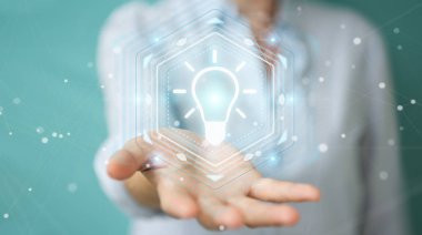 İşkadını ampul fikir arabirimi 3d rendering kullanarak arka plan bulanık üzerinde