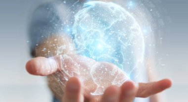 İşadamı üzerinde küre ağ hologram Amerika ABD harita 3d render ile kullanarak arka plan bulanık