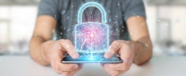 İşadamı tarafından cep telefonu 3d render güvenliğini sağlamak için kullanılan web güvenlik koruma arayüzü