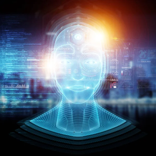 Robot Cyborg Homem Cabeça Inteligência Artificial Aprendizagem Conceito Renderização — Fotografia de Stock