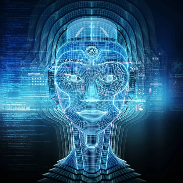 Έξυπνη Μηχανή Ρομποτική Γυναίκα Cyborg Κεφαλή Έννοια Απόδοση — Φωτογραφία Αρχείου