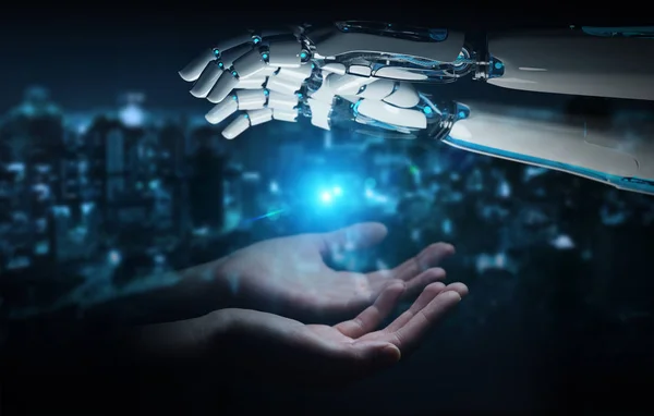 Robot Kezét Kapcsolatot Emberi Kéz Sötét Háttér Előtt Leképezés — Stock Fotó