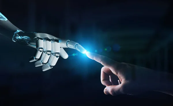 Robot hand making contact with human hand on dark background 3D rendering