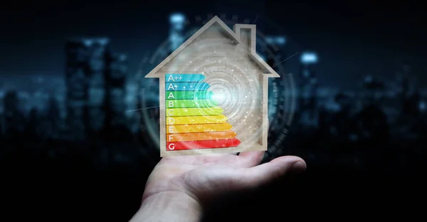 Empresario Sobre Fondo Borroso Utilizando Gráfico Clasificación Energía Renderizado Una — Foto de Stock