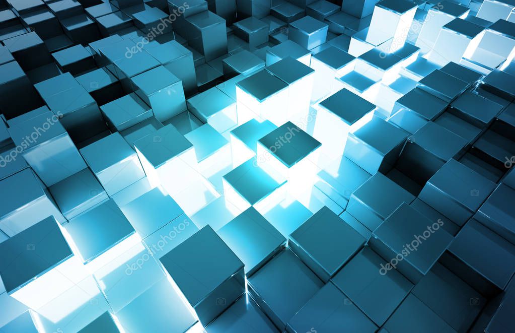 Glowing black and blue abstract squares background pattern 3D rendering