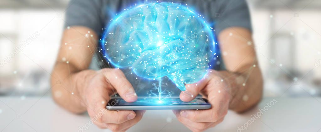 Businessman using digital 3D projection of a human brain with mobile phone 3D rendering