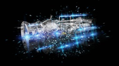 Max, bir motorun tel kafes sanal 3d dijital projeksiyon