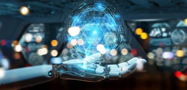 Beyaz robot el dijital üçgen küre hologra patlayan kullanarak