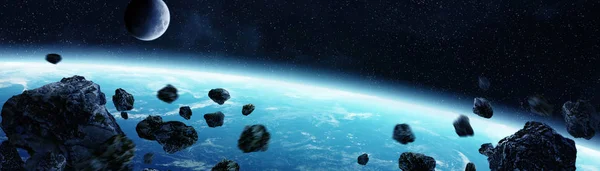 Panoramisch uitzicht van de planeet aarde met asteroïden vliegen sluiten 3D-re — Stockfoto