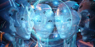 Dijital hologram ekranlar 3d r kullanarak kadın robotlar kafalarını grup