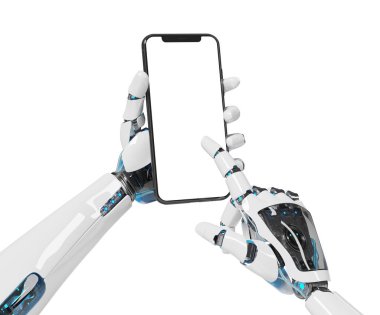 Beyaz robot el smartphone mockup 3d render tutarak