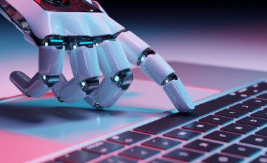 Robot el bir dizüstü 3d render bir klavye tuşuna basarak