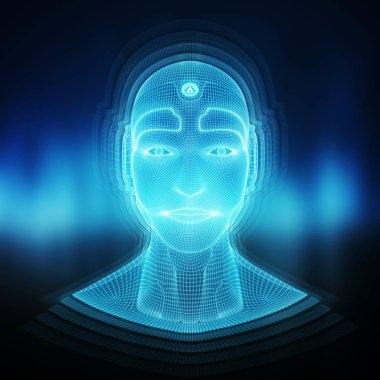 Bir robot cyborg baş kavramı 3d render ile akıllı makine