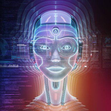 Robot cyborg baş yapay zeka 3d render öğrenme