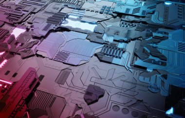 Fütüristik mavi ve pembe teknoloji paneli arka plan ile lots-in deta