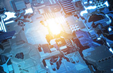 Fütüristik mavi ve turuncu teknoloji paneli arka plan ile lots-in de