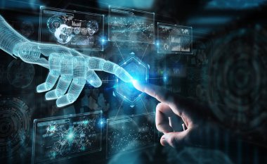 Wireframed robot ve insan el dijital dokunmadan Inte grafik