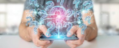 İşadamı dijital soru işaretleri 3d rende ile sorun çözme