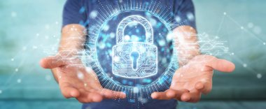 Onun veri dijital güvenlik hologram ile koruma işadamı 