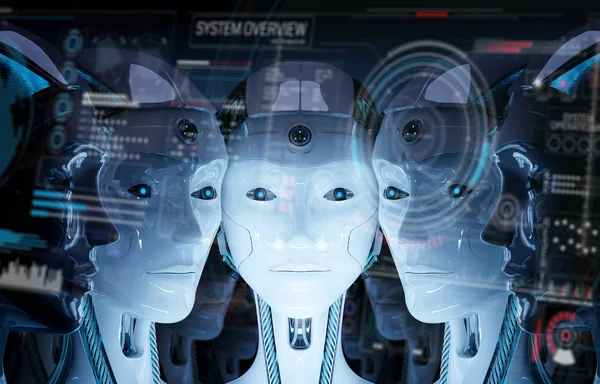 Group of female robots heads using digital hologram screens 3d r