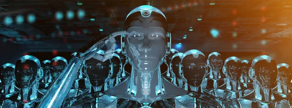 Grupo de robots masculinos siguiendo líder cyborg ejército 3d renderizado — Foto de Stock