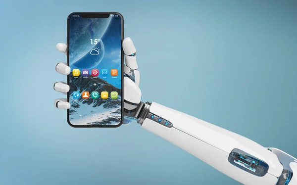 Dłoń biały robot trzymając smartfon makieta renderowania 3d — Zdjęcie stockowe